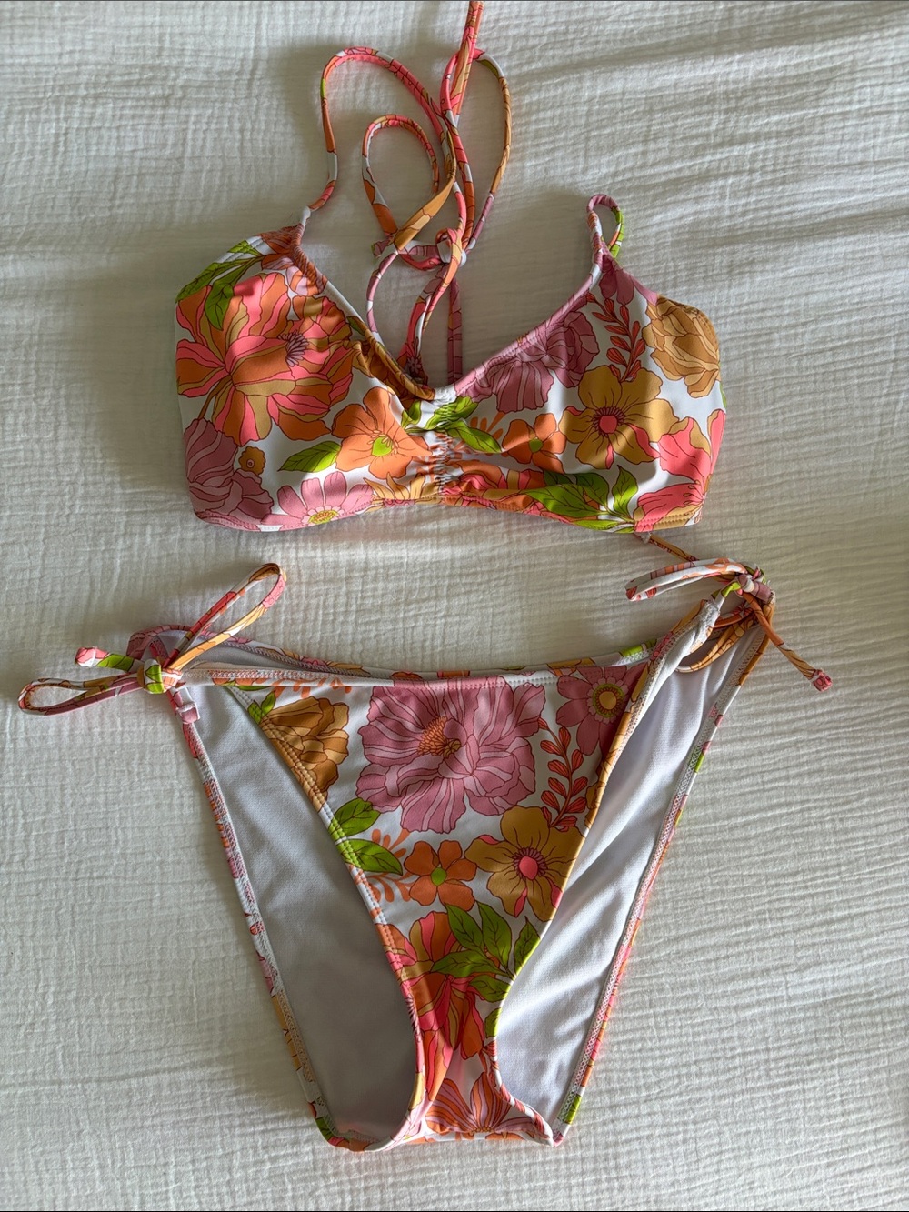 Hurley Floral Bikini Top and Tie-Side Bottoms in Pink, Orange, Green